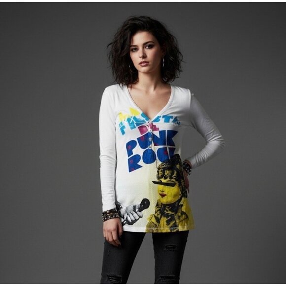 Edgy Punk Rock V-Neck Long Sleeve Top: White Graphic Print Indie Sleaze T-shirt - Picture 1 of 16